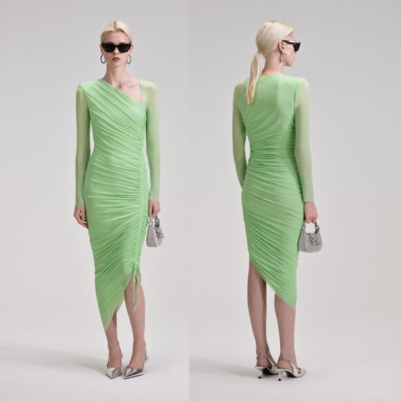 Self-Portrait Asymmetric Pencil Midi Dress Green Mesh Ruched Side Tie Mesh Long - Picture 1 of 11